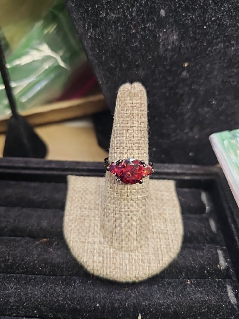Ring Size 7 3 Stone Gunmetal Red Cubic Zirconia